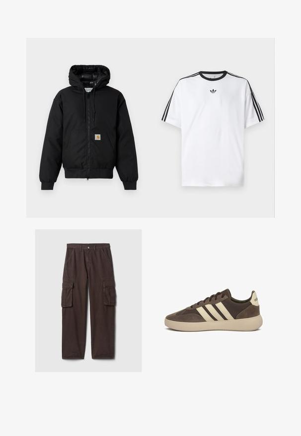 Schwarze Carhartt Kapuzenjacke mit Frontreißverschluss, Kängurutasche, gerippten Bündchen und Logopatch auf der Tasche.; Weißes T-Shirt aus Baumwolle mit einem schwarzen, runden Halsausschnitt und drei schwarzen Streifen auf jeder Schulter. Kleines schwarzes Logo auf der Brust.; Braune Cargo-Hosen aus strapazierfähiger Baumwolle. Verfügt über mehrere Utility-Taschen, Gürtelschlaufen und einen geraden Schnitt. Glatte Textur, klassisches Design.; Brauner Wildledersneaker mit drei weißen Streifen, abgerundetem Zehenbereich, dicker Gummisohle und minimaler Markenkennzeichnung an der Ferse.