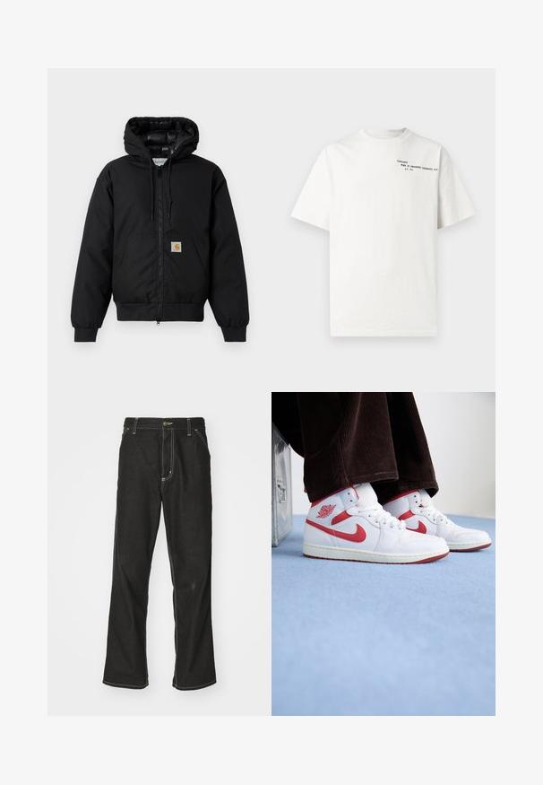 Juodas Carhartt džemperis su gobtuvu, priekiniais užtrauktukais, kengūros kišene, raibstais rankogalviais ir logotipo pleistru kišenėje.; Baltas medvilninis marškinėlis trumpomis rankovėmis, apvalia iškirpte ir juodu spaudiniu ant krūtinės su užrašu „Carhartt Work in Progress 1989“.; Juodi džinsai su laisvu siluetu, turintys kontrastingas balto siūlo siūles, mygtuko uždarymą ir tiesų kojos dizainą.; Baltos odinės aukštakulnės sportbačiai su raudonais akcentais, su apvaliu logotipu ir tekstūruota sole, derinami su rudais kordūro džinsais.