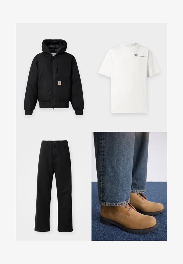Black Carhartt hooded jacket with front zipper, kangaroo pocket, ribbed cuffs, and logo patch on pocket.; White cotton t-shirt with short sleeves, crew neckline, and black printed text on the chest reading "Carhartt Work in Progress 1989."; Black denim pants with a straight cut, featuring front pockets, a zip fly, and a single top button. Textured fabric with a matte finish.; Timberland Lace-up ankle boots - medium beige