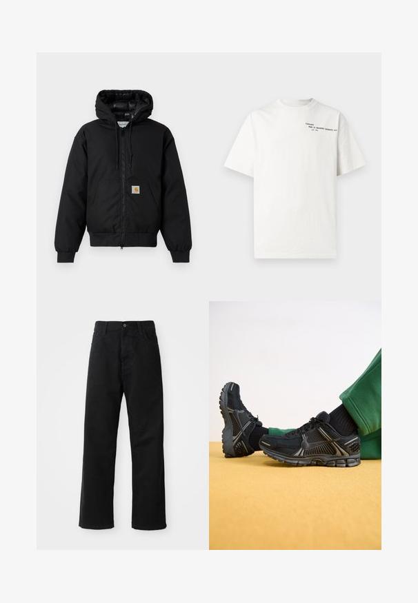 Melnā Carhartt kapuce jaka ar priekšējo rāvējslēdzēju, kangorūkas kabatu, ribotām piedurknēm un logotipa plāksteri uz kabatas.; Balts kokvilnas T-krekls ar īsām piedurknēm, apaļu kakla izgriezumu un melnu uzdrukātu tekstu uz krūtīm: "Carhartt Work in Progress 1989."; Melnas džinsu bikses ar taisnu griezumu, ar priekšējiem kabatām, rāvējslēdzēju un vienu augšējo pogu. Tekstūrēta auduma matēta virsma.; Melni sporta apavi ar tīkla augšdaļu, teksturētu vidusdaļu un gumijas zoli. Satur atstarojošus akcentus un strukturētu dizainu.