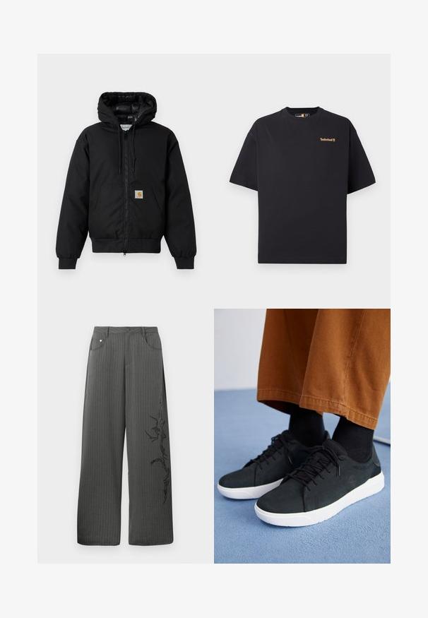 Černá bunda Carhartt s kapucí, předním zipem, klokaní kapsou, ribovanými manžetami a logem na kapse.; Černé tričko Timberland s krátkým rukávem a kulatým výstřihem, s malým hnědým logem na levé části hrudi, vystavené na bílém pozadí.; Široké kalhoty s proužky v tmavě šedé látce, s předními kapsami a černou dekorativní potiskem na levé straně.; Černé semišové tenisky s bílými gumovými podešvemi, s šněrovacím designem, texturovanými detaily a jemným logem, spárované s hnědými kalhotami.