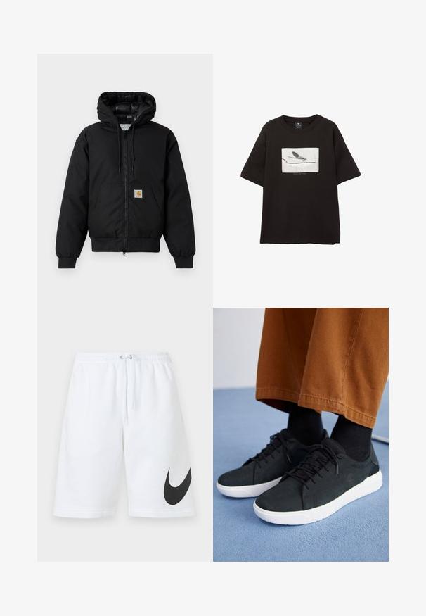 Czarna, bawełniana kurtka z kapturem Carhartt z przednim zamkiem błyskawicznym, kieszenią kangurką, ściągaczami przy mankietach oraz naszywką z logo na kieszeni.; Czarny bawełniany t-shirt z krótkim rękawem, z białą prostokątną grafiką muchy na cienkiej linii, minimalne logo poniżej obrazu.; Białe bawełniane szorty z elastycznym paskiem w talii, regulowanym sznurkiem i dużym czarnym logo Nike na lewym nogawce. Gładka tekstura.; Czarne zamszowe trampki z białymi gumowymi podeszwami, z wiązaniem, teksturowanymi akcentami i subtelnym logo, w połączeniu z brązowymi spodniami.