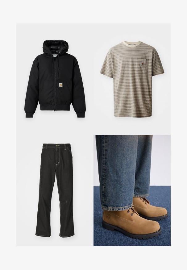 Melnā Carhartt kapuce jaka ar priekšējo rāvējslēdzēju, kangorūkas kabatu, ribotām piedurknēm un logotipa plāksteri uz kabatas.; Brūnas un bežīgas svītrainas īsām piedurknēm T-krekls ar apaļu kakla izgriezumu un krūšu kabatu ar logotipa uzlīmi. Faktūras audums.; Melni džinsi ar brīvu piegriezumu, ar kontrastējošu baltu diegu, pogu aizdari un taisnu kāju dizainu.; Timberland Šņorējami puszābaki - medium beige