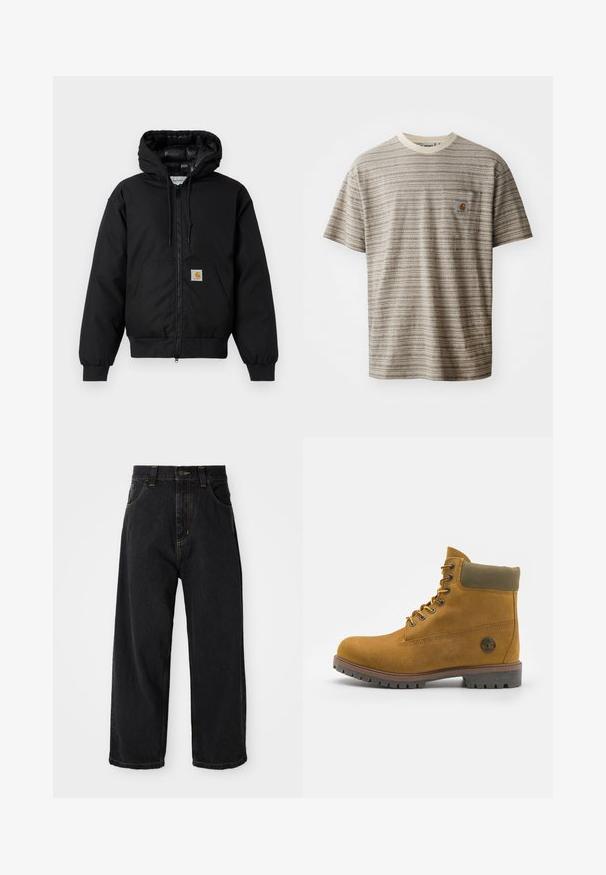 Crna Carhartt jakna s kapuljačom, s prednjim zatvaračem, kangaroo džepom, rebrastim manžetama i logo naljepnicom na džepu.; Majica kratkih rukava sa prugama u bež i smešnoj boji, s okruglim izrezom i džepom na grudima s logom. Teksturisani materijal.; Crne traperice širokih nogavica s visokim strukom, prednjim gumbom, patentnim zatvaračem i žutim šavovima na džepovima i šavovima.; Smeđi kožni gležnjač s gornjim dijelom u boji tan, zelenim akcentima, crnom gumenom potplatom i metalnim rupicama, s logotipom na strani.