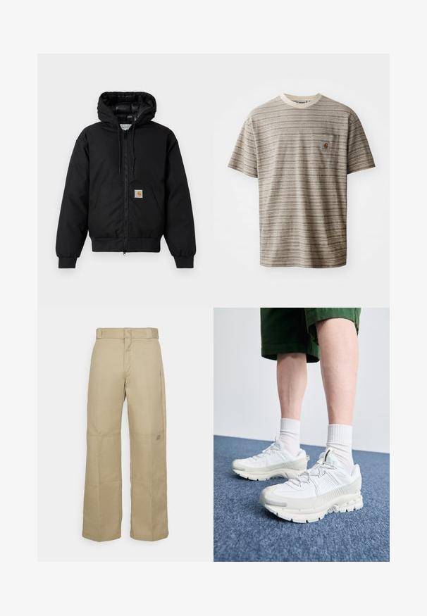 Casaco com capuz Carhartt preto, com fecho na frente, bolso tipo canguru, punhos canelados e patch do logo no bolso.; T-shirt de manga curta às riscas em bege e castanho, com um decote redondo e um bolso no peito com um emblema. Tecido texturizado.; Calças largas bege feitas de um tecido resistente, com uma cintura alta, costura visível e um pequeno emblema na lateral.; Sapatos atléticos brancos com sobreposições texturizadas, sola espessa e detalhes em cinza. Usados com meias brancas até ao tornozelo e calções verdes sobre uma superfície azul.