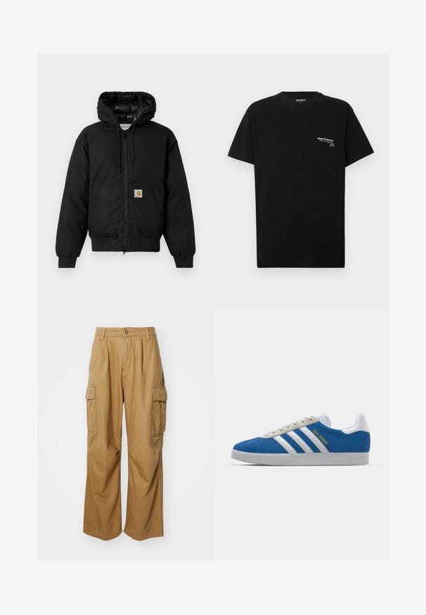 Fekete Carhartt kapucnis dzseki elöl cipzárral, kenguruzsebbel, bordás mandzsettákkal és logóval ellátott zsebbel.; Fekete pamut póló rövid ujjal, kerek nyakkivágással, és egy kis fehér logóval a bal mellrészen.; Krémszínű cargo nadrág egyenes lábbal, két oldalsó zsebbel és gombos záródással. Puhából és tartós szövetből készült.; adidas Originals ADIDAS GAZELLE SHOES - Beltéri futballcipő - real madrid/bluebird/footwear white/crew yellow