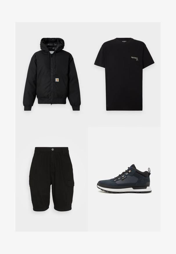Črna Carhartt kapuca s sprednjim zadrgo, kenguru žepom, rebrastimi manšetami in logotipom na žepu.; Črna bombažna majica s kratkimi rokavi, okroglo izrezano ovratnikom in majhnim belim logotipom natisnjenim na levem delu prsnega koša.; Črne cargo kratke hlače iz bombaža s ravnim krojem, ki imajo dve stranski žep in gumbasto zapiranje spredaj.; Mornarsko modra pohodniška obutev s zgornjim delom iz semiša in tekstila, bela srednja podplata, črn podplat in kovinske oči. Ima zadnji zavihek za enostavno obuvanje.