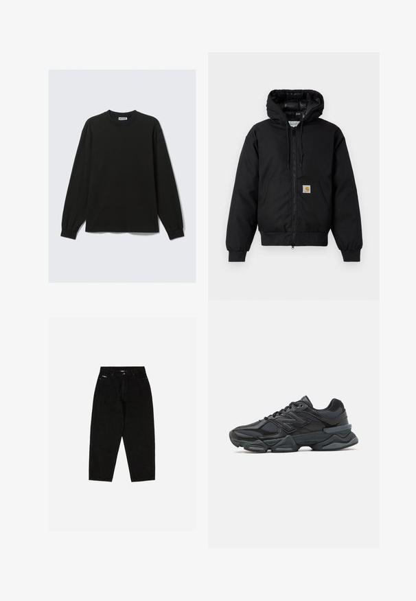 Schwarze Carhartt Kapuzenjacke mit Frontreißverschluss, Kängurutasche, gerippten Bündchen und Logopatch auf der Tasche.; Schwarzes Langarm-T-Shirt aus Baumwolle mit rundem Halsausschnitt und gerippten Bündchen, mit geradem Saum und dezenten Nahtdetails.; Schwarze Jeans aus Denim mit hohem Bund, geradem Bein und dezentem Logo auf der vorderen Tasche. Verfügt über klassischen Fünf-Taschen-Style.; Schwarzer Laufschuh mit einer Mischung aus Mesh- und sinthetischen Materialien, dicke Sohle, geschwungenes Design und auffälliger Markenkennzeichnung an der Seite.