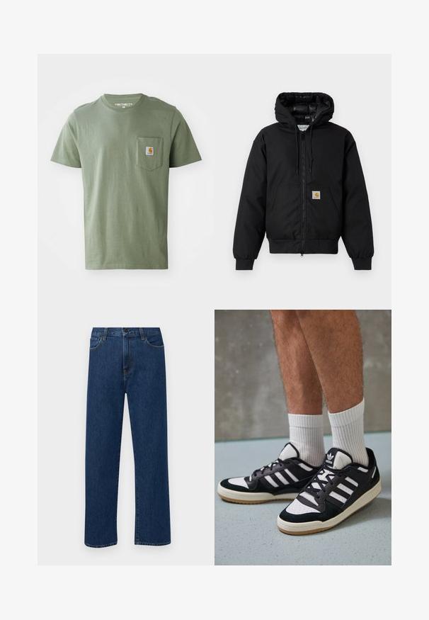 Fekete Carhartt kapucnis dzseki elöl cipzárral, kenguruzsebbel, bordás mandzsettákkal és logóval ellátott zsebbel.; Olívazöld pamut póló, kerek nyakkivágással, rövid ujjakkal és bal melletti zsebbe varrt logós felirattal.; Sötétkék, egyenes szárú farmernadrág, elülső zsebekkel és gombos záródással, sima fehér háttéren bemutatva.; Fekete-fehér tornacipők velúr és bőr felsőrésszel, három fehér csíkkal, perforált orral és gumi talppal.