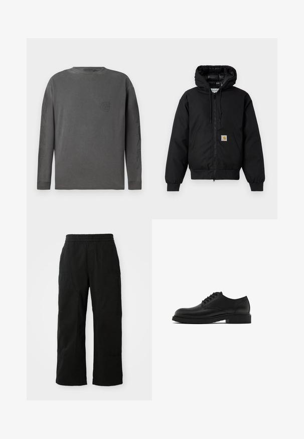 Zwarte Carhartt hoodie met rits aan de voorkant, kangoeroezak, geribde manchetten en logopatch op de zak.; Grijze langemouwen t-shirt van een katoenmix, ronde hals, met een subtiel logo en abstracte ontwerpen op de mouwen; zachte textuur.; Zwarte katoenen broek met een elastische tailleband, wijd gesneden ontwerp en grote zijzakken. De stof lijkt zacht met een gladde textuur.; Zwarte leren nette schoen met een textuur, ronde neus, vijf oogjes voor veters en een stevige zwarte zool. Eenvoudig, recht design.