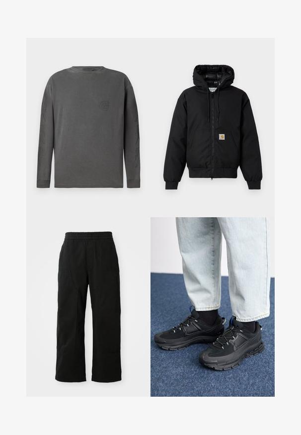 Črna Carhartt kapuca s sprednjim zadrgo, kenguru žepom, rebrastimi manšetami in logotipom na žepu.; Siv dolg rokav t-shirt iz mešanice bombaža, kroglasti ovratnik, s subtilnim logotipom in abstraktnimi oblikami na rokavih; mehak material.; Črne bombažne hlače z elastičnim pasom, širokim krojem in velikimi stranskimi žepi. Tkanina se zdi mehka s gladko teksturo.; Črne športne čevlje z teksturirano tkanino in gumijastimi podplati, ki imajo elastične vezalke ter modre poudarke na peti. Nosi se z lahkimi denim hlačami.