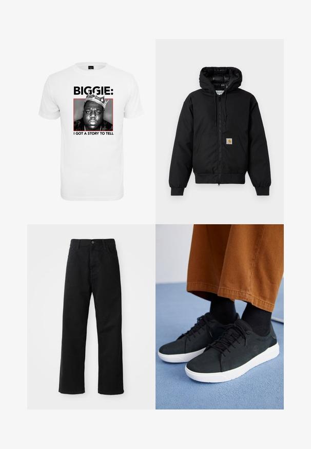 Black Carhartt hooded jacket with front zipper, kangaroo pocket, ribbed cuffs, and logo patch on pocket.; White cotton t-shirt featuring a black and white graphic of a man wearing a crown, with "BIGGIE:" and "I GOT A STORY TO TELL" in bold black text below.; Black denim pants with a straight cut, featuring front pockets, a zip fly, and a single top button. Textured fabric with a matte finish.; Black suede sneakers with white rubber soles, featuring lace-up design, textured accents, and subtle branding, paired with brown pants.