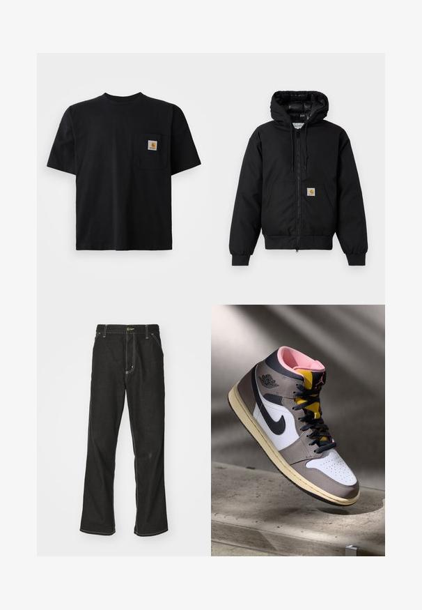 Fekete Carhartt kapucnis dzseki elöl cipzárral, kenguruzsebbel, bordás mandzsettákkal és logóval ellátott zsebbel.; Fekete, rövid ujjú póló környakú fazonban, az első zseben egy kis négyzet alakú Carhartt logó felvarróval.; Fekete farmernadrág laza szabással, kontrasztos fehér varrással, gombos záródással és egyenes lábmegoldással.; Fehér, szürke és fekete Nike Air Jordan magasszárú sneaker rózsaszín belső résszel és sárga nyelvvel, egy betonfelületen elhelyezve.