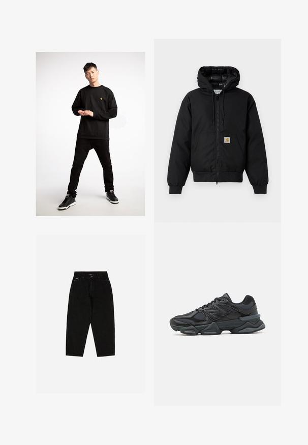 Black Carhartt hooded jacket with front zipper, kangaroo pocket, ribbed cuffs, and logo patch on pocket.; Black long-sleeve shirt featuring a small yellow logo, paired with black jeans and black sneakers, highlighted by white soles.; Black denim jeans with a high waist, straight leg design, and subtle logo on the front pocket. Features classic five-pocket styling.; Black running shoe featuring a mix of mesh and synthetic materials, chunky sole, curved design, and prominent branding on the side.