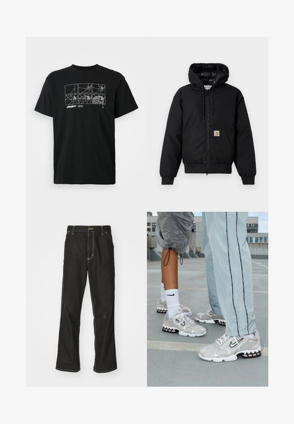 Black Carhartt hooded jacket with front zipper, kangaroo pocket, ribbed cuffs, and logo patch on pocket.; Black cotton t-shirt featuring a graphic of spider webs in white line art across the chest. Short sleeves and a crew neck design.; Black denim jeans with a loose fit, featuring contrasting white stitching, a button closure, and a straight leg design.; Nike athletic shoes in a silver mesh material, featuring white laces, a black swoosh logo, and a black and red air cushioning sole.