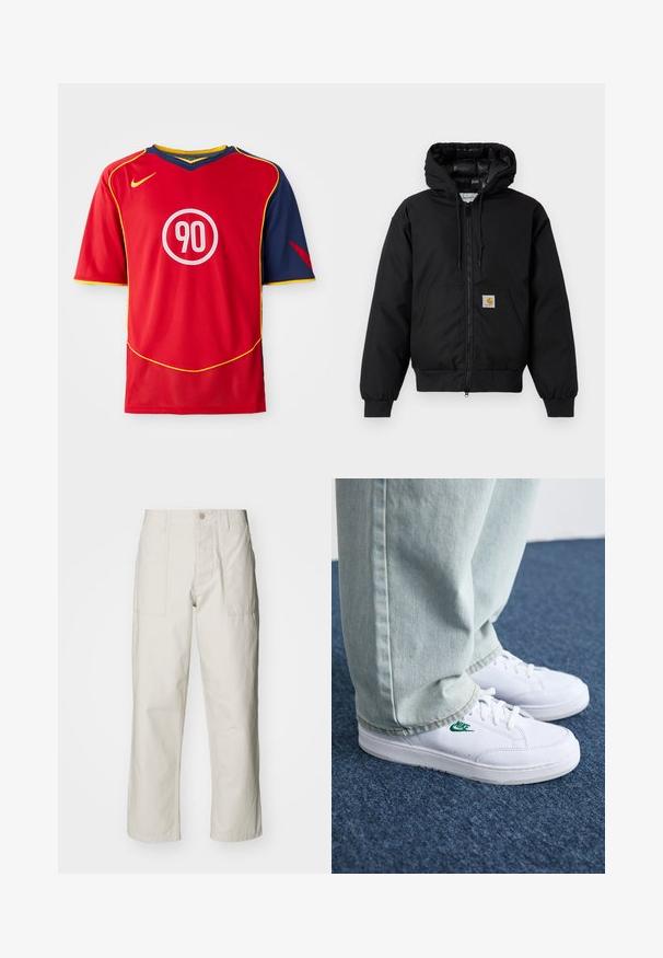 Casaco com capuz Carhartt preto, com fecho na frente, bolso tipo canguru, punhos canelados e patch do logo no bolso.; A camisola desportiva vermelha possui mangas curtas e um decote em V. O design inclui detalhes azuis, com uma faixa amarela e um logotipo circular branco com "90".; Calças largas em bege claro, feitas de algodão. Apresentam bolsos frontais e fecho com botão. Textura suave com linhas verticais subtis.; Tênis de couro brancos com logo verde da Nike, bico redondo, sola plana, combinados com calças de denim azul claro, exibidos sobre um tapete azul.