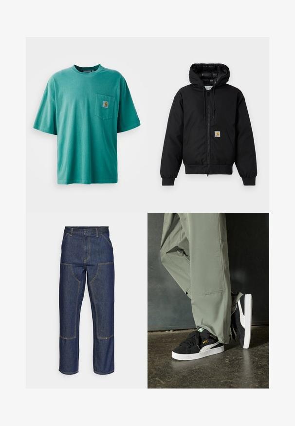 Černá bunda Carhartt s kapucí, předním zipem, klokaní kapsou, ribovanými manžetami a logem na kapse.; Zelené bavlněné tričko s kulatým výstřihem, krátkými rukávy a přední kapsou s nášivkou loga. Měkká textura a volný střih.; Tmavě modré džíny s vysokým pasem, rovnými nohavicemi, kontrastním šitím a nášivkami na přední straně.; Černé semišové tenisky s bílými gumovými podrážkami a bočními pruhy, spárované se světle zelenými cargo kalhotami, stojící na texturovaném tmavém povrchu.