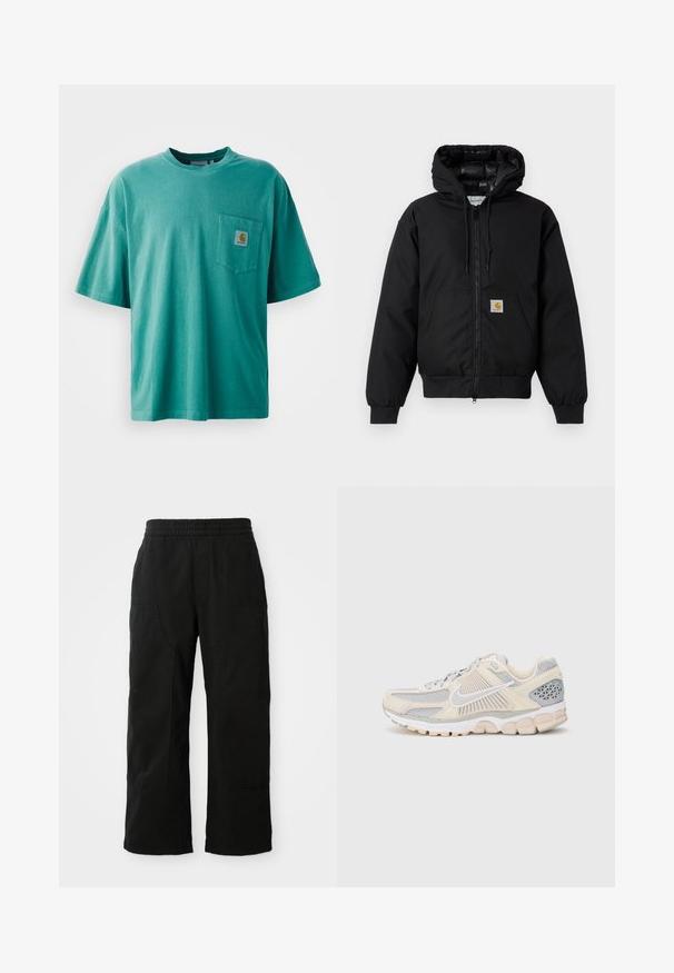 Juodas Carhartt džemperis su gobtuvu, priekiniais užtrauktukais, kengūros kišene, raibstais rankogalviais ir logotipo pleistru kišenėje.; Žalias medvilninis t-shirts su apvaliu kaklu, trumpomis rankovėmis ir priekyje esančia kišenėle su logotipo pleistru. Minkšta tekstūra ir laisvas siluetas.; Juodi medvilniniai kelnių su elastinga juosta, plačiomis kojomis ir didelėmis šoninėmis kišenėmis. Audinys atrodo minkštas ir glotnus.; Lengvi bėgimo bateliai su smėlio ir pilkos spalvos tinklo viršumi, tekstūruotais elementais, balta logotipu ir paminkštintu padu. Papuošti kvėpuojančiais intarpais.