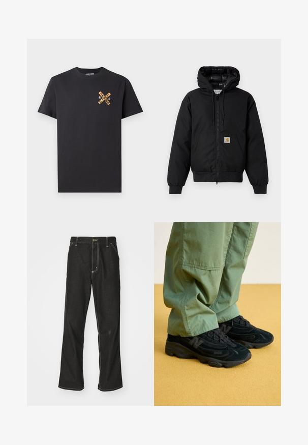 Mustaherra Carhartt-huppari, jossa on etuvetoketju, kengurupocket, ribbed-hihansuut ja logopatch taskussa.; Musta puuvillapaita, jossa on oranssi graafinen kuvasto ja tekstit "ELEMENT" ja "REMEMBER" ristikkäin rinnassa.; Mustat farkut, joissa on löysä istuvuus, erottuva valkoinen ompelu, nappikiinnitys ja suora lahje.; Mustat New Balance -lenkkarit, joissa on teksturoitu päällinen, silmiinpistävä logo ja pehmustettu pohja, yhdistettynä löysiin vihreisiin housuihin.