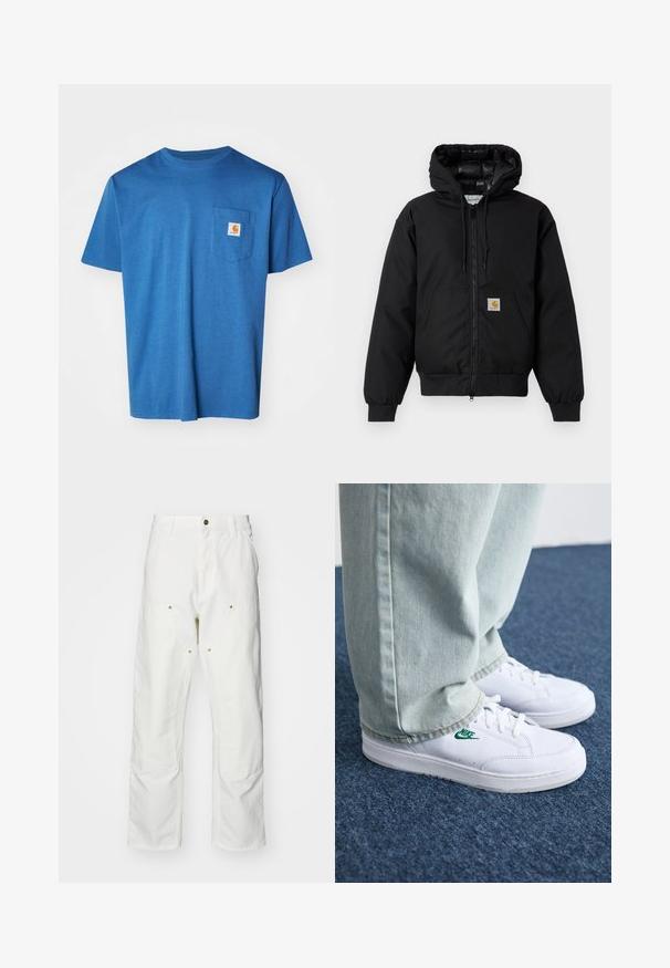 Fekete Carhartt kapucnis dzseki elöl cipzárral, kenguruzsebbel, bordás mandzsettákkal és logóval ellátott zsebbel.; Kék pamut póló, kerek nyakkivágással, rövid ujjakkal és bal melletti zsebbel, aminek logója van. Simább anyag, laza design.; Fehér pamut cargo nadrág, laza szabású. Jellemzői közé tartozik az elülső zsebek, az arany színű fémalkatrészek és a megerősített térd részek.; Fehér bőr sportcipők zöld Nike logóval, kerek orral, lapos talppal, világoskék farmernadrággal párosítva, kék szőnyegen bemutatva.