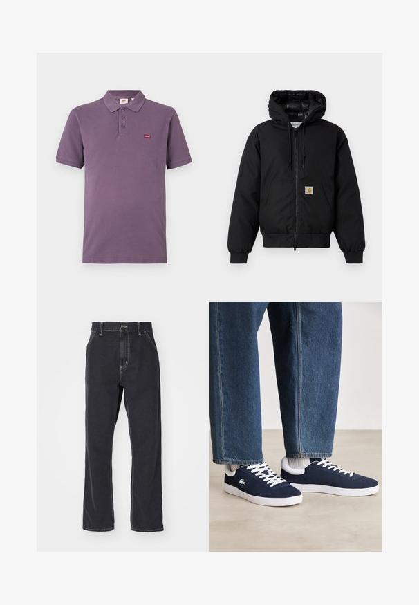 Mustaherra Carhartt-huppari, jossa on etuvetoketju, kengurupocket, ribbed-hihansuut ja logopatch taskussa.; Violetti puuvillapaita, jossa on kaulus, kolme nappia ja pieni punainen Levi's-logo ommeltuna vasempaan rintaan. Lyhyet hihat, normaali istuvuus.; Mustat farkut, joissa on suora lahje, vetoketjusuljenta, viisi taskua ja kontrastiväriset ompeleet saumoissa.; Siniset kangaskengät valkoisilla nauhoilla ja kumipohjilla, esillä farkkuhousujen ja harmaiden ribattujen sukkien kanssa, vaaleanharmaalla pinnalla.