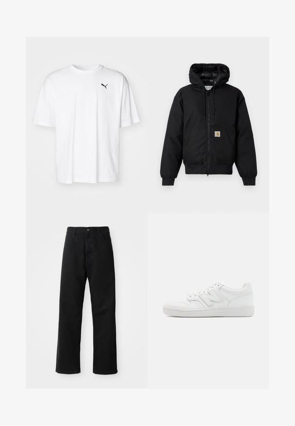 Schwarze Carhartt Kapuzenjacke mit Frontreißverschluss, Kängurutasche, gerippten Bündchen und Logopatch auf der Tasche.; Weißes Baumwoll-T-Shirt mit Rundhalsausschnitt und kurzen Ärmeln. Mit kleinem schwarzem Puma-Logo auf der linken Brust. Weiche Textur.; Schwarze Jeans mit geradem Schnitt, ausgestattet mit Fronttaschen, einem Reißverschluss und einem einzelnen oberen Knopf. Texturiert mit matter Oberfläche.; Weiße Sneaker aus glattem Leder, mit perforierter Zehenpartie, einer strukturierten Gummisohle, flachen Schnürsenkeln und einem auffälligen 'N'-Logo an der Seite.