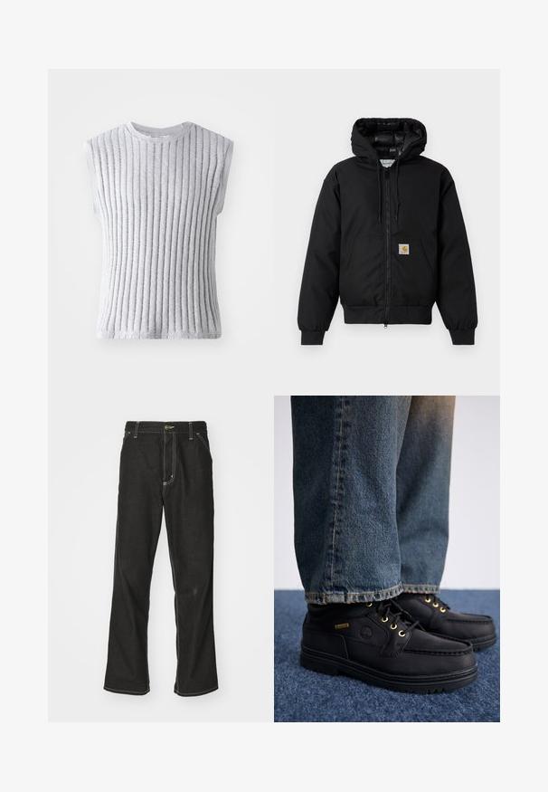 Schwarze Carhartt Kapuzenjacke mit Frontreißverschluss, Kängurutasche, gerippten Bündchen und Logopatch auf der Tasche.; Ärmelloses graues Oberteil mit vertikaler Rippenstruktur, weichem Strickstoff, rundem Halsausschnitt und rohen Kanten am Saum und an den Armausschnitten.; Schwarze Denim-Jeans mit lockerer Passform, kontrastierenden weißen Nähten, einem Knopfverschluss und geradem Bein.; Schwarze Lederschuhe mit goldenen Ösen und strukturiertem Finish, kombiniert mit blauen Jeans. Die Schuhe haben eine geschichtete Sohle und ein Branddetail.