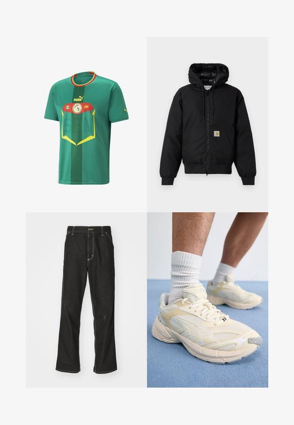 Crna Carhartt jakna s kapuljačom, s prednjim zatvaračem, kangaroo džepom, rebrastim manžetama i logo naljepnicom na džepu.; Zelena nogometna majica kratkih rukava izrađena od prozračnog materijala. Ima horizontalne pruge, odvažne grafike, Puma logotip i nacionalni grb.; Crne traperice s opuštenim krojem, s kontrastnim bijelim šavovima, zakovicom za zatvaranje i ravnim nogavicama.; Svijetložute atletske tenisice s mrežastim i sintetičkim nadogradnjama, s vezicama, podstavljenim đonom i logotipom na jeziku.