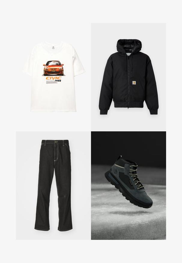 Čierna kapucňová bunda Carhartt s predným zipsom, klokannou vreckom, ribovanými manžetami a logo nášivkou na vrecku.; Biele tričko so grafikou červenej Hondy Civic, s nápismi "CIVIC" a "SiR" v tučnej oranžovej farbe, a popisným textom pod obrazom.; Čierne denimové nohavice s voľným strihom, s kontrastným bielym prešívaním, uzáverom na gombík a rovnými nohavicami.; Tmavošedé turistické topánky kombinujúce semiš a syntetické materiály, s polstrovaným golierom, béžovými šnúrkami a robustnou gumovou podrážkou pre lepšiu priľnavosť.