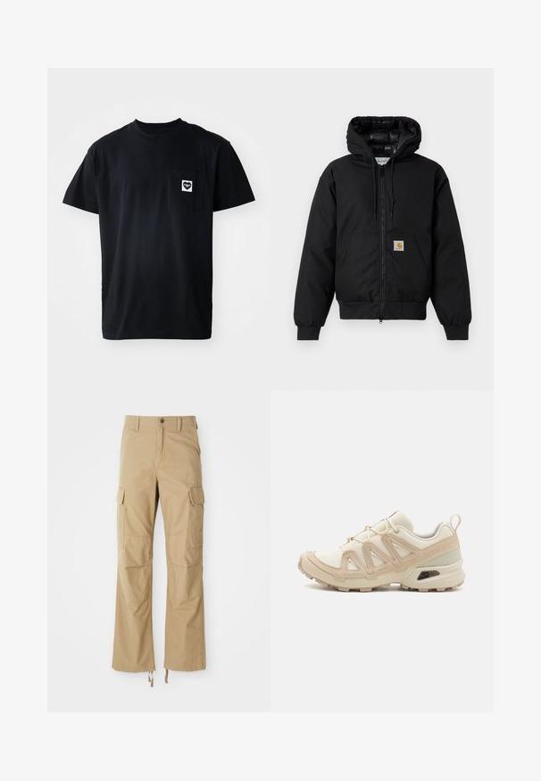 Juodas Carhartt džemperis su gobtuvu, priekiniais užtrauktukais, kengūros kišene, raibstais rankogalviais ir logotipo pleistru kišenėje.; Juodas medvilninis marškinėlis su apvalia iškirpte, trumpomis rankovėmis ir kairėje krūtinės pusėje esančia kišene, papuošta širdies formos logotipu baltos spalvos.; Kakijų cargo kelnės, pagamintos iš tvirto audinio, su keliais šoniais kišeniais, tiesiais kojų kirpimais ir reguliuojamomis raištelėmis apatine dalimi.; Bežinės ir kreminės spalvos sportinės bateliai su tekstūruoto tinklelio viršutine dalimi, palaikančiomis detalėmis ir guminiais padais, turinčiais raštą, užtikrinantį sukibimą.