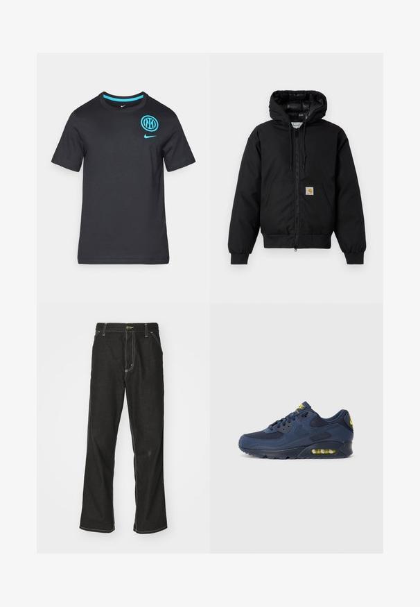 Black Carhartt hooded jacket with front zipper, kangaroo pocket, ribbed cuffs, and logo patch on pocket.; Black cotton t-shirt with short sleeves, round neckline, featuring a blue Nike logo and an Inter Milan emblem on the chest.; Black denim jeans with a loose fit, featuring contrasting white stitching, a button closure, and a straight leg design.; Navy blue Nike Air Max sneakers with suede and mesh upper, featuring yellow accents, lace-up front, and visible air cushioning in sole.