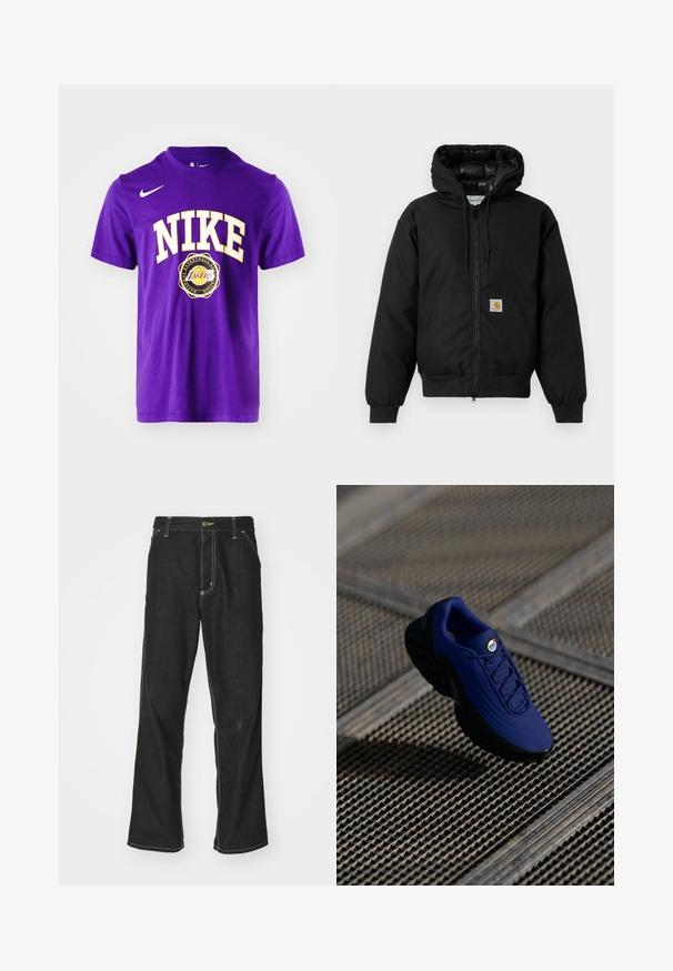Čierna kapucňová bunda Carhartt s predným zipsom, klokannou vreckom, ribovanými manžetami a logo nášivkou na vrecku.; Fialová bavlnená tričko s bielym textom "NIKE" so žltým obrysom a logom Los Angeles Lakers umiestneným pod ním. S okrúhlym výstrihom a krátkymi rukávmi.; Čierne denimové nohavice s voľným strihom, s kontrastným bielym prešívaním, uzáverom na gombík a rovnými nohavicami.; Modré športové topánky s textúrovaným zvrškom, čiernou podrážkou a šnúrkami. Obsahujú značku "air" na jazyku a viditeľné prvky vzduchového polstrovania.