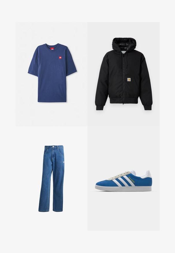 Črna Carhartt kapuca s sprednjim zadrgo, kenguru žepom, rebrastimi manšetami in logotipom na žepu.; Mornarško modra kratkodlačna majica iz bombaža, s krožnim izrezom in majhno rdečo oznako na prsih.; Modre visoko pasu široke denim kavbojke z sprednjimi žepi, zankami za pas, gumbom za zapiranje in majhnim logotipom Adidas na desni stegno.; adidas Originals ADIDAS GAZELLE SHOES - Dvoranske nogometne kopačke - real madrid/bluebird/footwear white/crew yellow