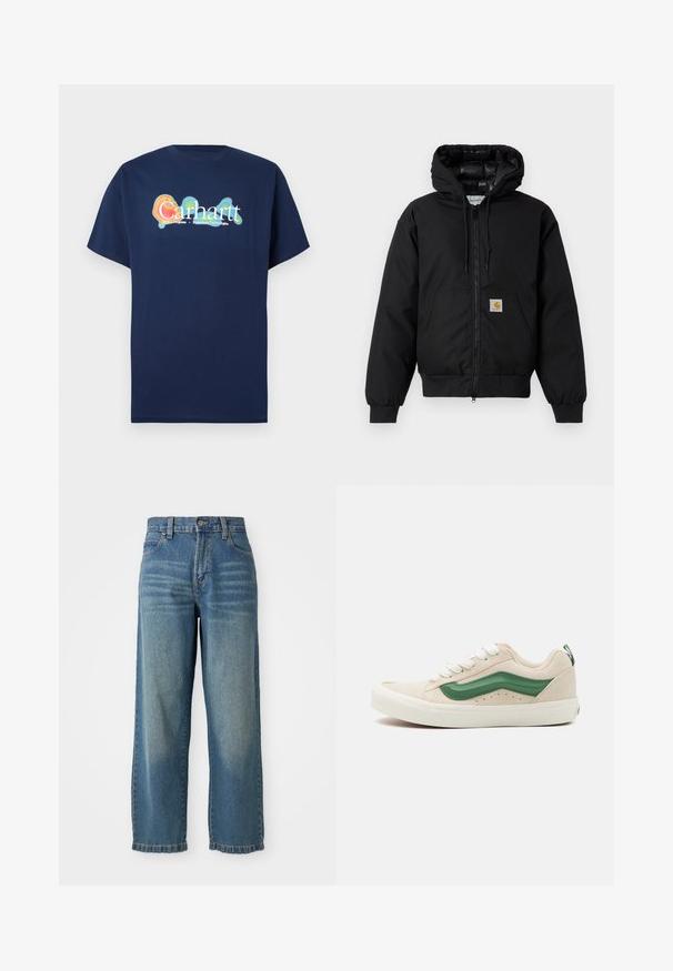 Veste à capuche Carhartt noire avec fermeture éclair à l'avant, poche kangourou, poignets côtelés et patch logo sur la poche.; T-shirt à manches courtes bleu marine en coton. Présente un logo graphique multicolore "Carhartt" avec un effet lumineux au centre.; Jeans en denim bleu clair à taille haute et à jambes larges, avec cinq poches et une finition légèrement décolorée. Dispose d'une fermeture à bouton et à fermeture éclair.; Baskets en daim beige avec des accents en cuir vert, bout arrondi, lacets blancs et détails texturés sur les côtés. Semelle extérieure en caoutchouc visible.
