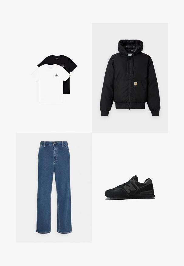 Sort Carhartt hættetrøje med frontlynlås, kengurulomme, ribbede manchetter og logo-patch på lommen.; To crewneck t-shirts: en hvid og en sort. Begge har små logoaccents på venstre bryst. Fremstillet af blødt bomuldsstof.; Blå denimjeans med lige pasform, fem-lomme design, metalknaplukning og synlig syning langs søm og kant.; Sort sneaker med en overdel i ruskind og mesh, tyk sål og et fremtrædende 'N' logo på siden. Strukturdesign med snørebåndslukning.