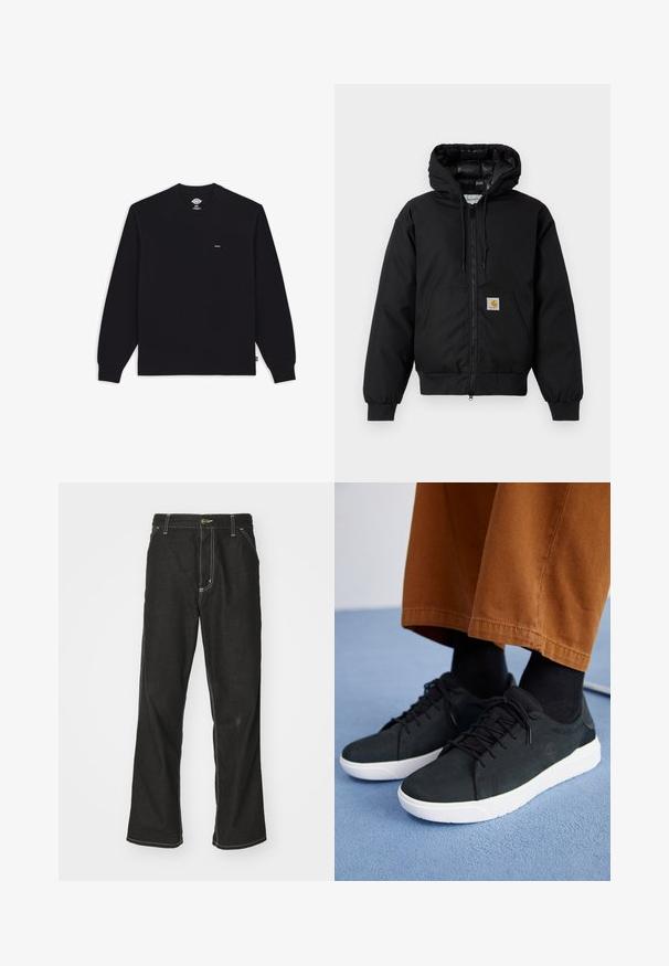 Schwarze Carhartt Kapuzenjacke mit Frontreißverschluss, Kängurutasche, gerippten Bündchen und Logopatch auf der Tasche.; Schwarzes langärmliges T-Shirt aus Baumwolle, mit Rundhalsausschnitt und gerippten Bündchen, sowie kleinem Markenlogo auf der Brust.; Schwarze Denim-Jeans mit lockerer Passform, kontrastierenden weißen Nähten, einem Knopfverschluss und geradem Bein.; Schwarze Wildleder-Sneaker mit weißen Gummisohlen, mit Schnürdesign, strukturierten Akzenten und dezentem Branding, kombiniert mit braunen Hosen.
