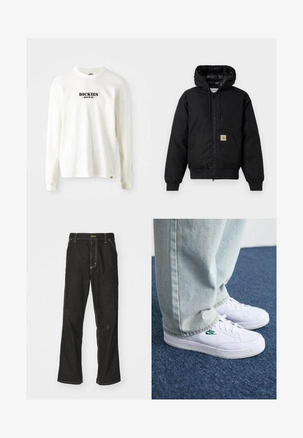 Casaco com capuz Carhartt preto, com fecho na frente, bolso tipo canguru, punhos canelados e patch do logo no bolso.; Sweatshirt branco de mangas longas em ribana, com um logo preto "DICKIES" e "SINCE '22" por baixo, gola redonda e mangas com punhos.; Calças de ganga pretas de corte largo, com costuras brancas em contraste, fecho de botão e design de perna reta.; Tênis de couro brancos com logo verde da Nike, bico redondo, sola plana, combinados com calças de denim azul claro, exibidos sobre um tapete azul.