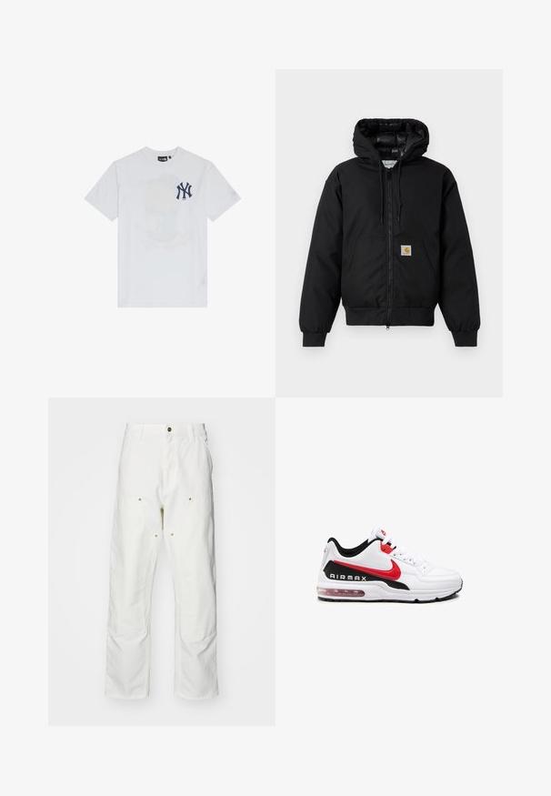Zwarte Carhartt hoodie met rits aan de voorkant, kangoeroezak, geribde manchetten en logopatch op de zak.; Witte katoenen t-shirt met een marineblauw New York Yankees-logo en een subtiele geprinte popcornemmerontwerp op de voorkant.; Witte katoenen cargobroeken met een relaxte pasvorm. Kenmerken zijn onder andere voorzakken, gouden hardware accenten en versterkte kniezones.; Witte sportieve schoen met zwarte en rode accenten, voorzien van een bovenwerk van glad leer, vetersluiting aan de voorkant en zichtbare luchtkussens in de zool.