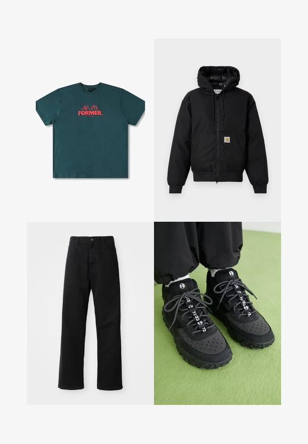 Veste à capuche Carhartt noire avec fermeture éclair à l'avant, poche kangourou, poignets côtelés et patch logo sur la poche.; T-shirt en coton teal présentant des manches courtes, un col rond et un graphique central avec le texte "FORMER." et des personnages ludiques en rouge.; Pantalons en denim noir à coupe droite, avec poches avant, fermeture éclair et un seul bouton supérieur. Tissu texturé avec une finition mate.; Des baskets noires présentent un mélange de matériaux en cuir et en maille, une semelle en caoutchouc texturée, des perforations marquées et des lacets à motifs avec des accents numériques.