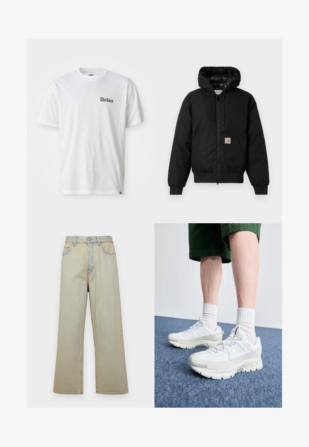 Casaco com capuz Carhartt preto, com fecho na frente, bolso tipo canguru, punhos canelados e patch do logo no bolso.; T-shirt de algodão branco com mangas curtas e decote redondo. Apresenta o logótipo preto "Dickies" impresso na área esquerda do peito.; Jeans de perna larga em azul claro, feitos de denim com um acabamento desbotado. Apresenta cinco bolsos e um fecho de botão na frente.; Sapatos atléticos brancos com sobreposições texturizadas, sola espessa e detalhes em cinza. Usados com meias brancas até ao tornozelo e calções verdes sobre uma superfície azul.