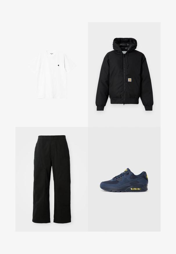 Casaco com capuz Carhartt preto, com fecho na frente, bolso tipo canguru, punhos canelados e patch do logo no bolso.; T-shirt de algodão branco com mangas curtas, gola redonda e um pequeno logótipo preto no lado esquerdo do peito. Textura suave e corte padrão.; Calças de algodão pretas com cintura elástica, design de perna larga e grandes bolsos laterais. O tecido parece suave com uma textura lisa.; Tenis Nike Air Max azul marinho com parte superior em camurça e malha, com detalhes amarelos, fecho de atacadores na frente e amortecimento visível na sola.