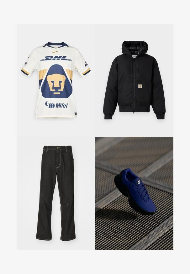 Casaco com capuz Carhartt preto, com fecho na frente, bolso tipo canguru, punhos canelados e patch do logo no bolso.; Tamanho branco de desporto com realces em azul-marinho e dourado. Apresenta um gráfico de um leão, o logótipo "DHL" e a marca "Mifel". Design de mangas curtas e gola redonda.; Calças de ganga pretas de corte largo, com costuras brancas em contraste, fecho de botão e design de perna reta.; Sapatilha atlética azul com parte superior texturizada, sola preta e atacadores. Apresenta uma marcação "air" na língua e elementos de amortecimento de ar visíveis.