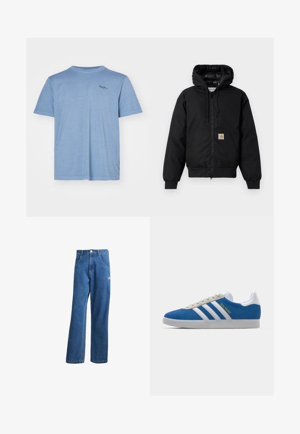 Juodas Carhartt džemperis su gobtuvu, priekiniais užtrauktukais, kengūros kišene, raibstais rankogalviais ir logotipo pleistru kišenėje.; Šviesiai mėlynas trumpomis rankovėmis marškinėliai su apvaliu kaklu, pagaminti iš minkštos medžiagos, su mažu logotipu viršuje kairėje krūtinės pusėje.; Mėlynos aukštu liemeniu plačios džinsinės kelnės su priekinėmis kišenėmis, diržo kilpos, sagčių uždarymu ir mažu Adidas logotipu dešinėje šlaunyje.; adidas Originals ADIDAS GAZELLE SHOES - Salės futbolo bateliai - real madrid/bluebird/footwear white/crew yellow