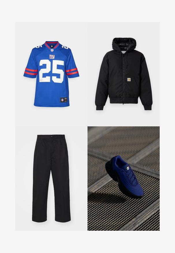 Must värvi Carhartt kapuutsiga jakk, millel on ees viis zipperit, känguru tasku, soonikkoes varrukad ja logo patch taskul.; Sinine NFL-i särk, millel on valge number 25, punase ja valge triibuga lühikesed varrukad ning kootud krae. Logo silt ääres.; Mustadest puuvillast püksid otse lõikega, millel on nupplist ja kaks esimest taskut ning sile tekstuur.; Sinine sportlik king, millel on tekstuuriga pealisosa, must talla ja paelad. Omab "air" brändingut keeles ning nähtavaid õhu-väljakutse elemente.