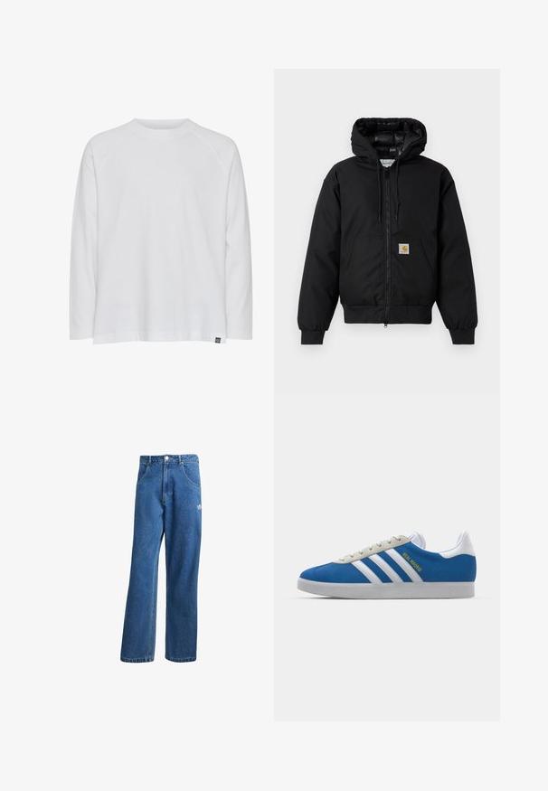 Črna Carhartt kapuca s sprednjim zadrgo, kenguru žepom, rebrastimi manšetami in logotipom na žepu.; Bela majica z dolgimi rokavi in okroglim izrezom, sproščenega kroja in raglan rokavi. Narejena iz mehkega bombažnega blaga; ima manjšo oznako blagovne znamke.; Modre visoko pasu široke denim kavbojke z sprednjimi žepi, zankami za pas, gumbom za zapiranje in majhnim logotipom Adidas na desni stegno.; adidas Originals ADIDAS GAZELLE SHOES - Dvoranske nogometne kopačke - real madrid/bluebird/footwear white/crew yellow