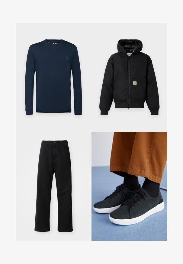 Must värvi Carhartt kapuutsiga jakk, millel on ees viis zipperit, känguru tasku, soonikkoes varrukad ja logo patch taskul.; Timberland DUNSTAN RIVER LONG SLEEVE TEE - Pikkade varrukatega topp - dark sapphire; Mustadest denimist püksid sirge lõikega, mis sisaldavad ees taskuid, lukufliisi ja ühte ülemist nööpi. Tekstureeritud kangas mati viimistlusega.; Mustad suede spordijalatsid valge kummitaldaga, millel on paeltega kinnitamine, tekstuuriga aktsendid ja tagasihoidlik bränding, koos pruuni pükstega.