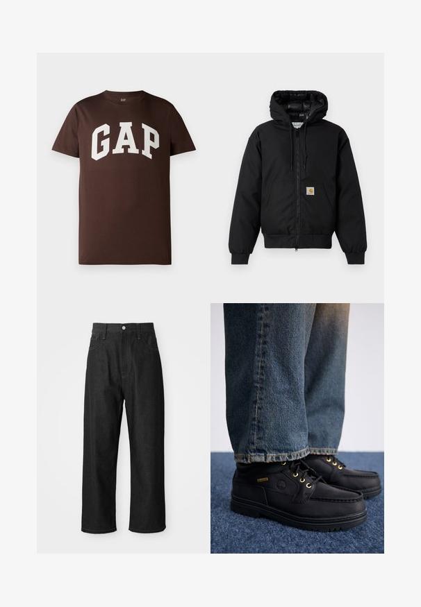 Chaqueta con capucha Carhartt negra, con cremallera frontal, bolsillo tipo canguro, puños de canalé y parche con el logo en el bolsillo.; Camiseta de algodón marrón con un logo blanco de "GAP" en una fuente bold y colegial. Manga corta y escote redondo. Textura suave.; Pantalones de mezclilla negros con un corte relajado, cintura alta, cierre de cremallera y diseño de cinco bolsillos. Costuras visibles que realzan el diseño.; Zapatos de cuero negro con ojales dorados y un acabado texturizado, combinados con jeans de mezclilla azules. Los zapatos presentan una suela en capas y un detalle de marca.