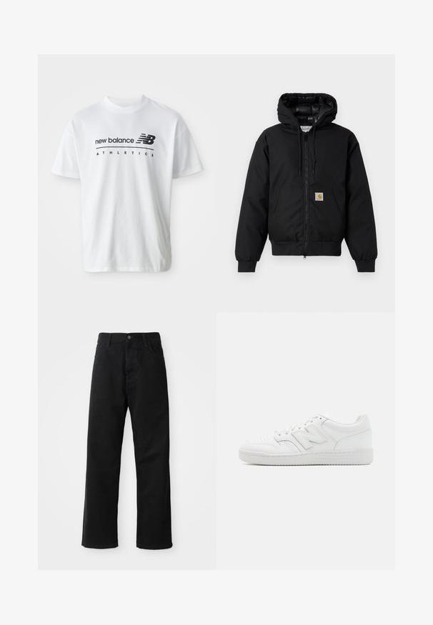 Čierna kapucňová bunda Carhartt s predným zipsom, klokannou vreckom, ribovanými manžetami a logo nášivkou na vrecku.; Biely bavlnený tričko s čiernym nápisom "new balance" a "ATHLETICS", krátke rukávy a okrúhly výstrih.; Čierne denimové nohavice so rovným strihom, vystúpené predné vrecká, zips a jedno horné gombík. Štruktúrovaná tkanina s matným povrchom.; Biele tenisky vyrobené z hladkej kože, s perforovaným špičkou, textúrovanou gumovou podrážkou, plochými šnurkami a výrazným logom 'N' na boku.