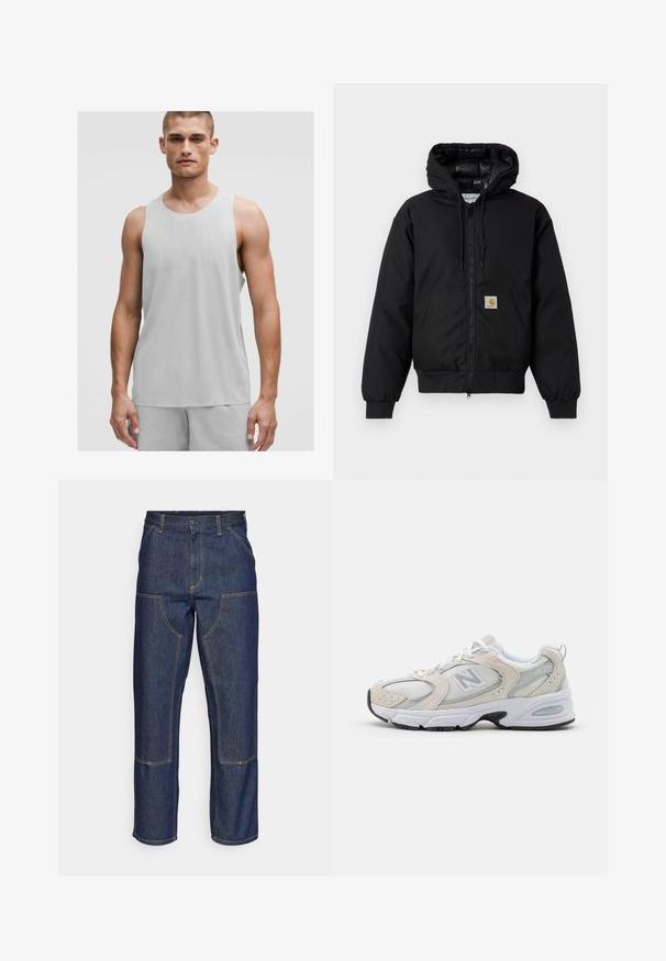 Sort Carhartt hættetrøje med frontlynlås, kengurulomme, ribbede manchetter og logo-patch på lommen.; Lys grå atletisk tanktop med rund halsudskæring og ærmeløs design, lavet af et åndbart materiale med subtile teksturdetaljer.; Mørkeblå denim jeans med høj talje, lige ben-design, kontrastsyninger og lappelommer foran.; Sportssko med en lys grå mesh-overdel og ruskindsdetaljer, hvide snørebånd og en sort gummisål. Bemærkelsesværdig ABZORB dæmpning.