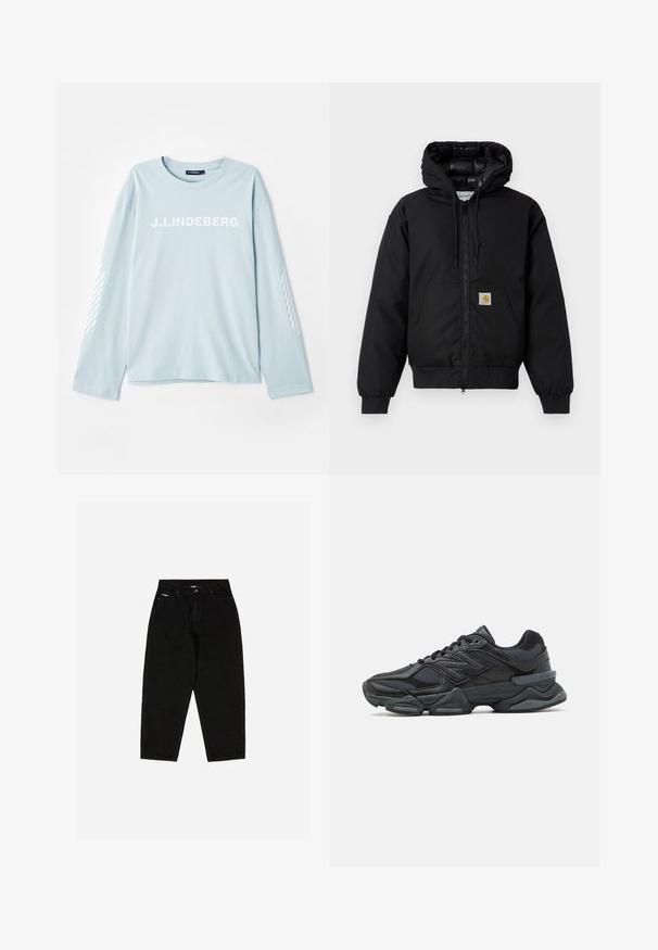 Zwarte Carhartt hoodie met rits aan de voorkant, kangoeroezak, geribde manchetten en logopatch op de zak.; Lichtblauwe longsleeve t-shirt van zachte stof, met het "J. Lindeberg" logo in het wit op de voorkant en een patroonaccent op de mouwen.; Zwarte denim jeans met een hoge taille, rechte pijpen en een subtiele logo op de voorkzak. Beschikt over een klassiek vijfzakkenontwerp.; Zwarte hardloopschoen met een mix van mesh en synthetische materialen, een stevige zool, gebogen ontwerp en prominente branding op de zijkant.